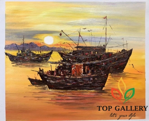 original seascape art ,harbour painting ,harbour under the sunset painting